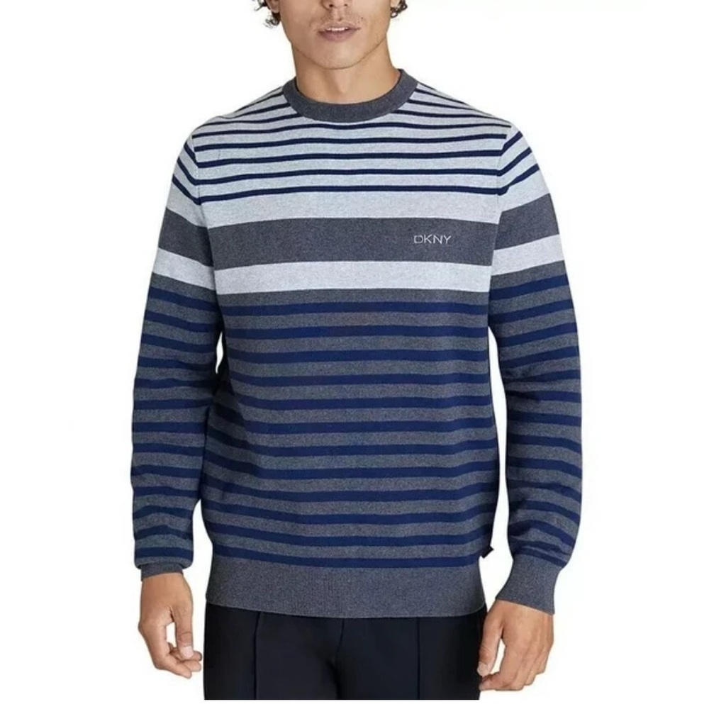 NWT DKNY Cotton Grey Blue Striped Long Sleeve Sweater Business Casual